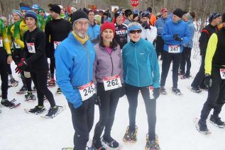local participants in the Dion Frontenac Park Snow Shoe race, l-r, Grant Sutherland, Basia Farnell, and Heather McNie